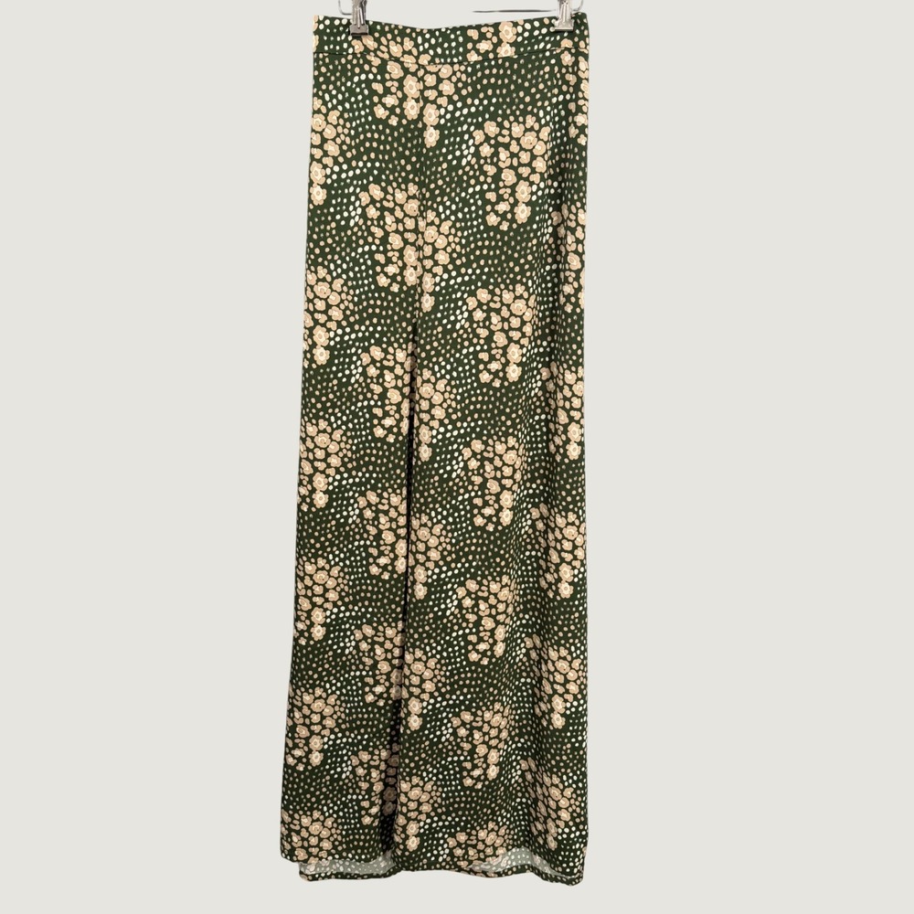 Glamorous Curve Pants US 24 Green Leopard Print Wide Leg High Waist Satin New